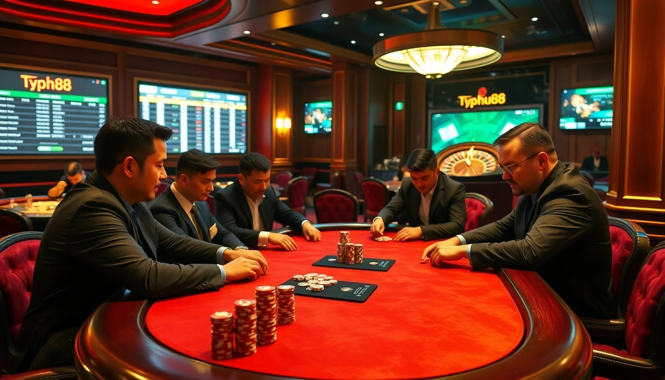 Experience the excitement of gambling at Typhu88 with professional poker gameplay and vibrant casino visuals.