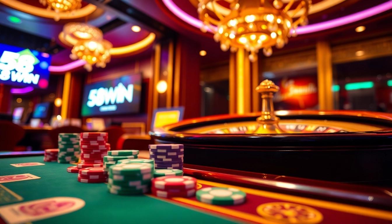 Engaging players enjoying the thrilling atmosphere at 58WIN casino with poker chips and cards.