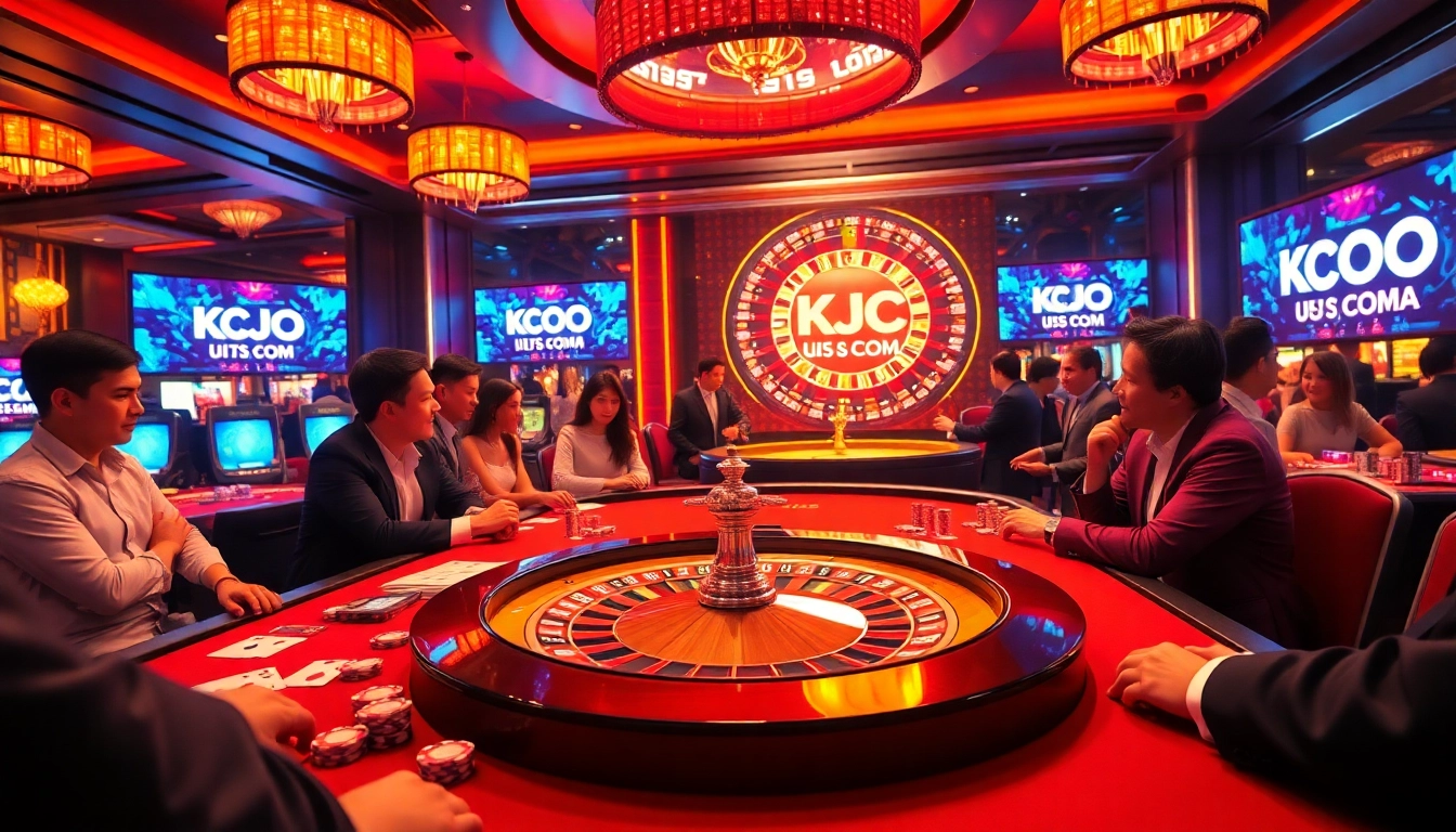 Engage in thrilling gameplay at KJC US COM's vibrant casino table, surrounded by excitement.