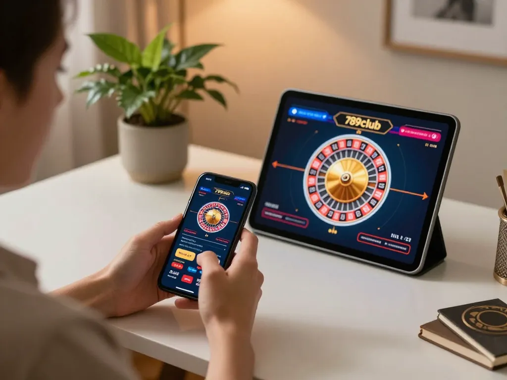 Engaging with roulette game on 789club mobile app in a stylish home office setting.
