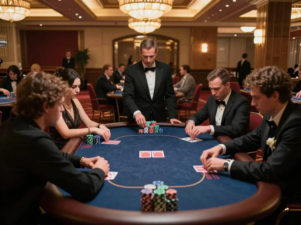 Permainan poker yang menarik di meja kasino VM777, pemain elegan dengan fokus pada chip berwarna, pencahayaan kasino yang hangat