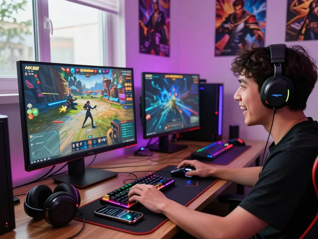 Engaged gamer playing NK88 game on a vibrant gaming setup with colorful LED lights.