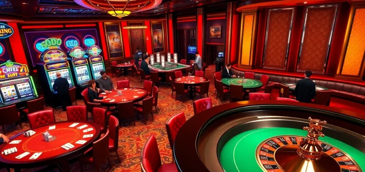 SODO Casino showcases an exciting table scene with poker players and vibrant slot machines.