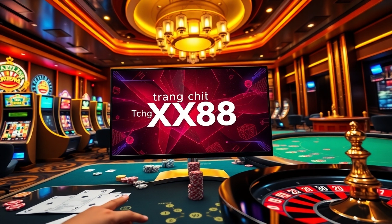 Exciting online gambling interface at trang chủ xx88 featuring a slot machine and poker table.
