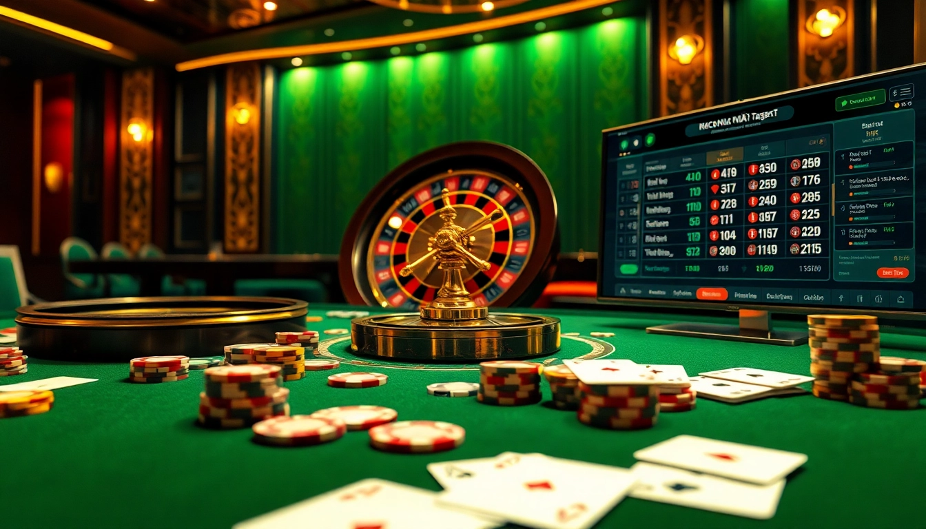 Kèo Nhà Cái 5 high-stakes gambling table with vibrant roulette, poker chips, and elegant cards.
