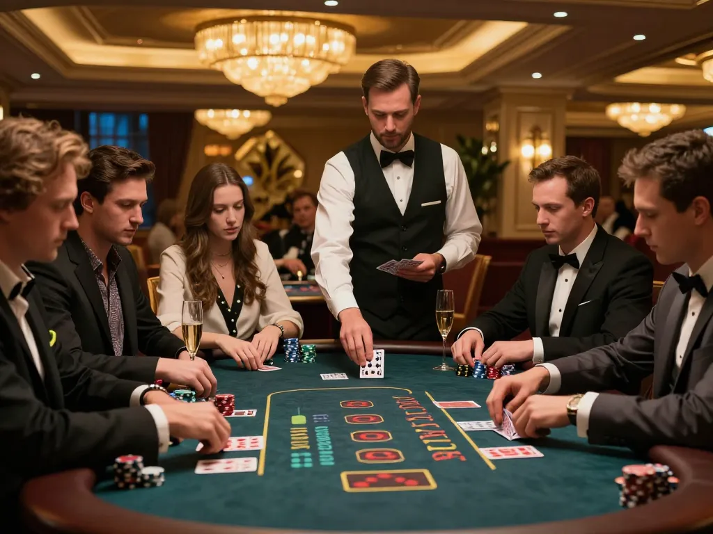 A dynamic blackjack game scene at cm88, featuring intense players and a skilled dealer in an upscale casino setting.