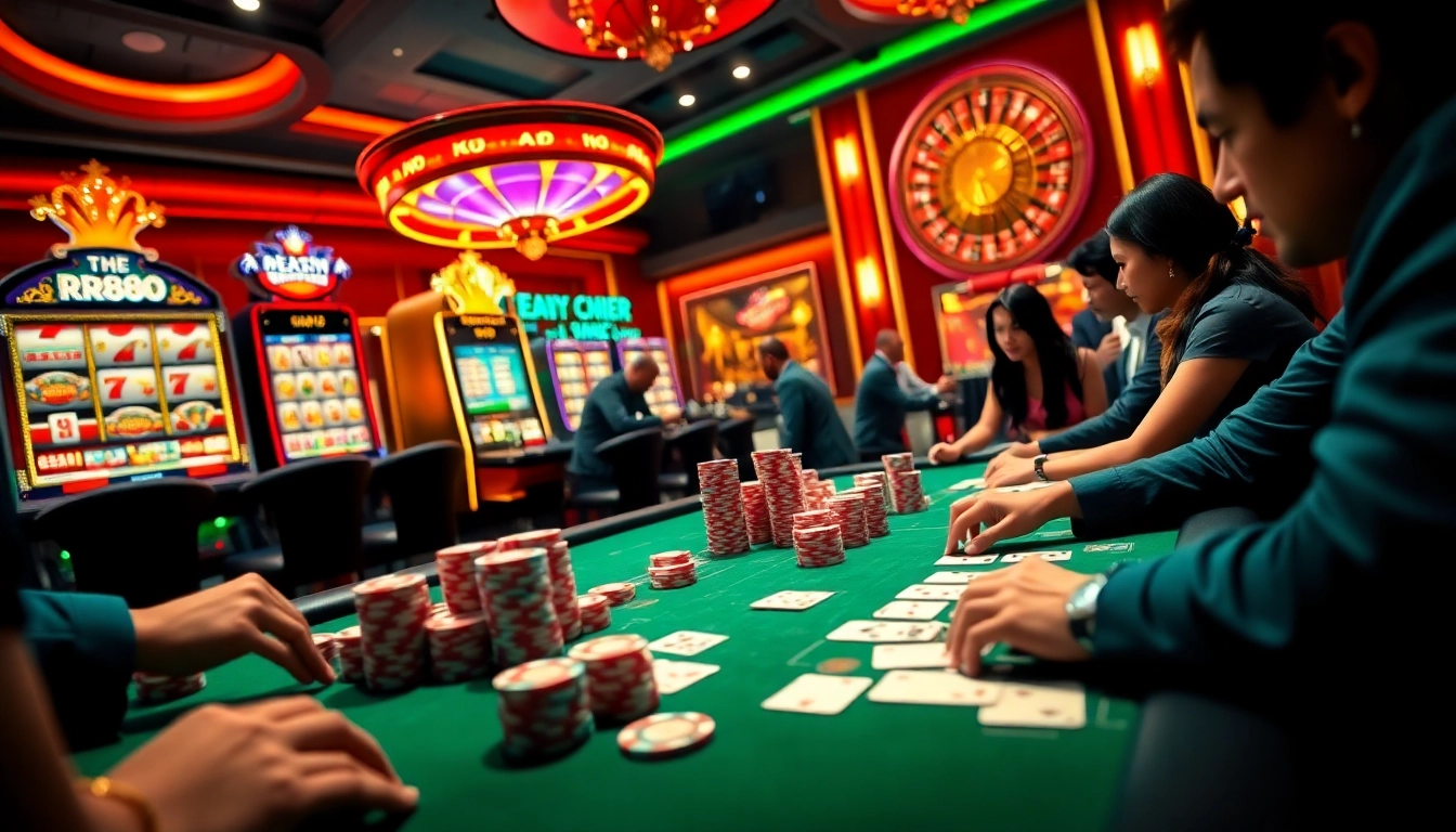 Experience thrilling gameplay at RR88's casino tables, featuring poker chips and vibrant slot machines.