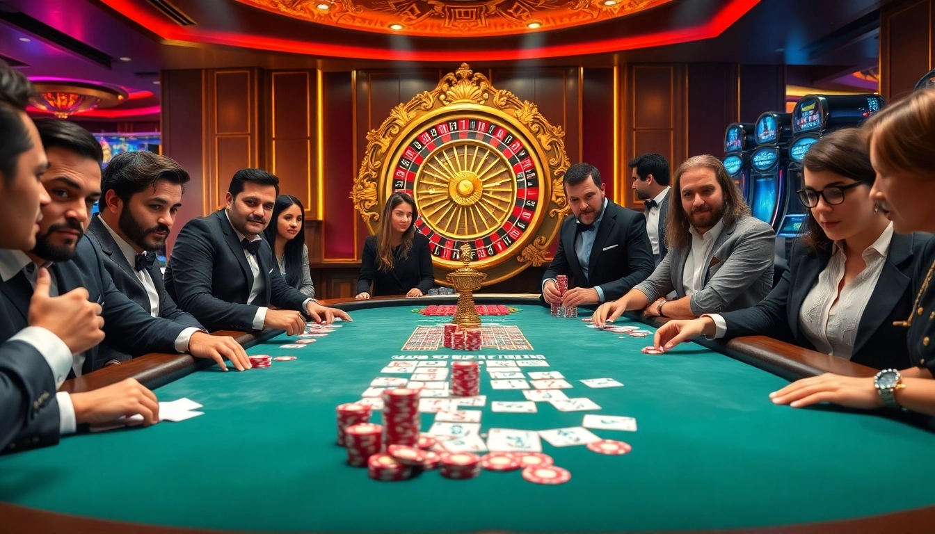 High-stakes poker players engaging with 789P themed casino elements, showcasing excitement and luxury.