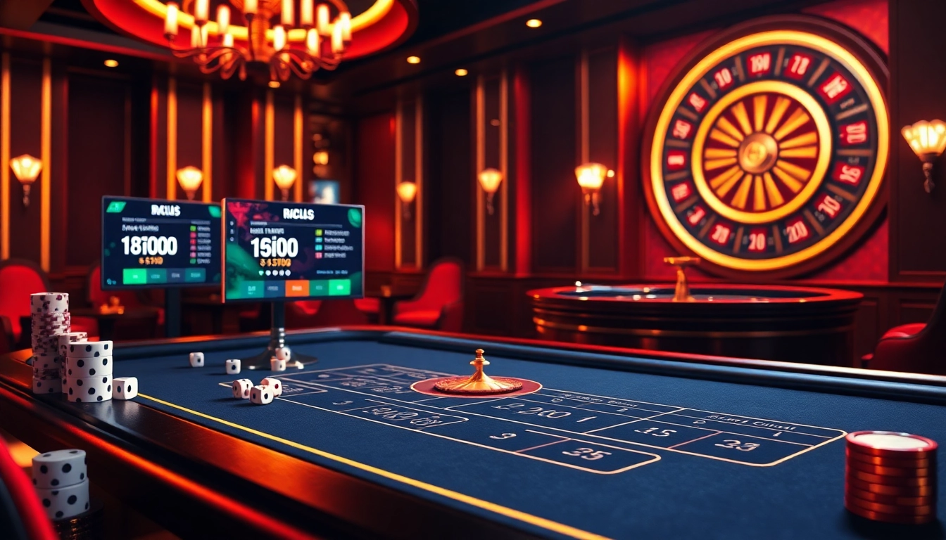 Tài xỉu md5 gaming table with vibrant digital displays and luxurious casino elements.