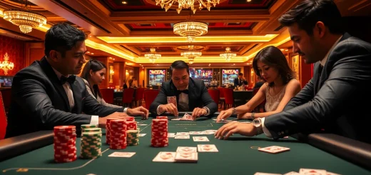 KJC players engaged in a high-stakes poker game surrounded by vibrant casino aesthetics.