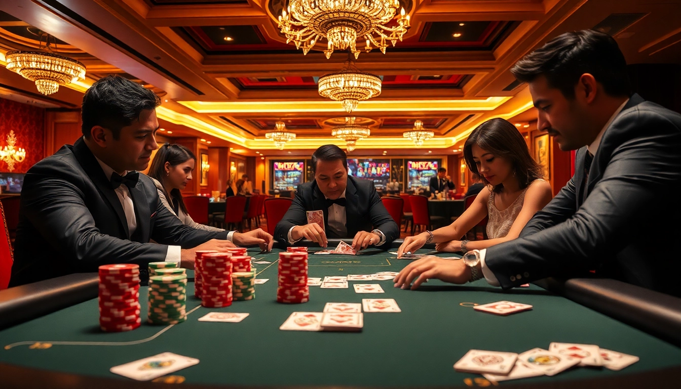 KJC players engaged in a high-stakes poker game surrounded by vibrant casino aesthetics.