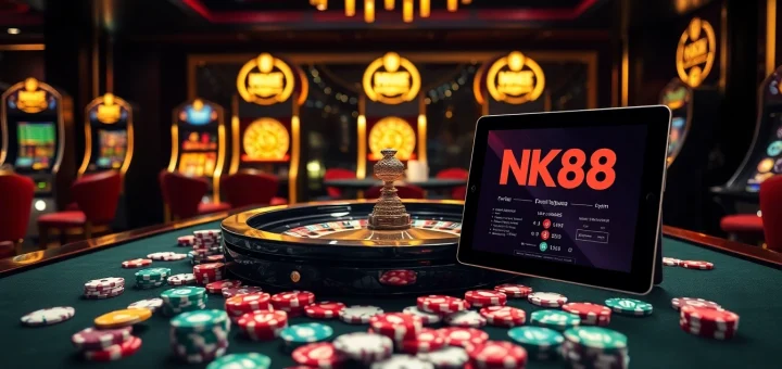 Gambling at the lively NK88 casino with roulette and poker elements in an elegant setting