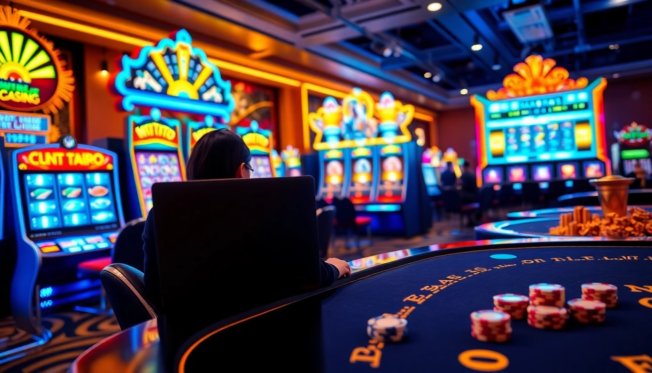 Platform perjudian online M1TOTO yang menampilkan mesin slot berwarna-warni dan adegan poker yang menarik.