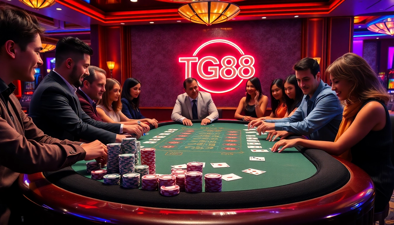 Experience the thrill of gambling at a TG88-themed poker table, complete with vibrant chips and playing cards.