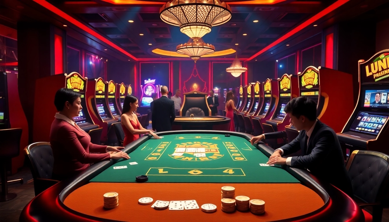 Experience the excitement of Jun88 as players strategize at a luxurious poker table, surrounded by vibrant casino games.