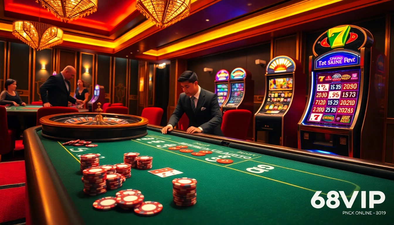 Players engaging in high-stakes poker at 68VIP, showcasing luxury casino elements and excitement.