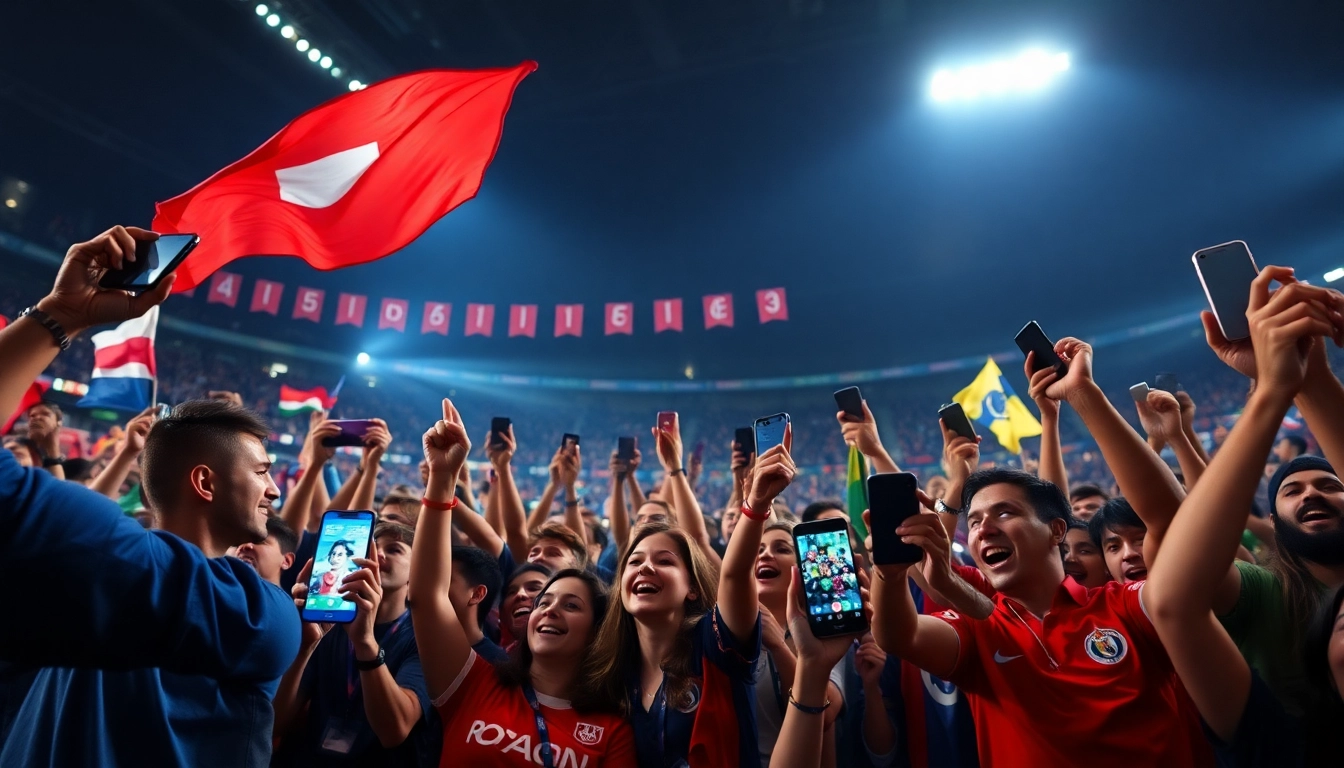 SOCOLIVE TV bringing football fans together as they cheer joyfully while watching a live football match on smartphones.
