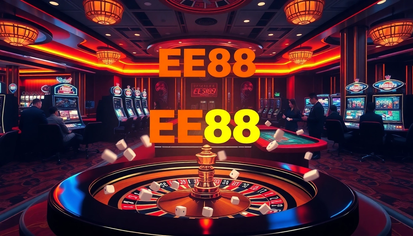 Experienced players engaging at the vibrant EE88 casino, surrounded by dynamic gaming elements.