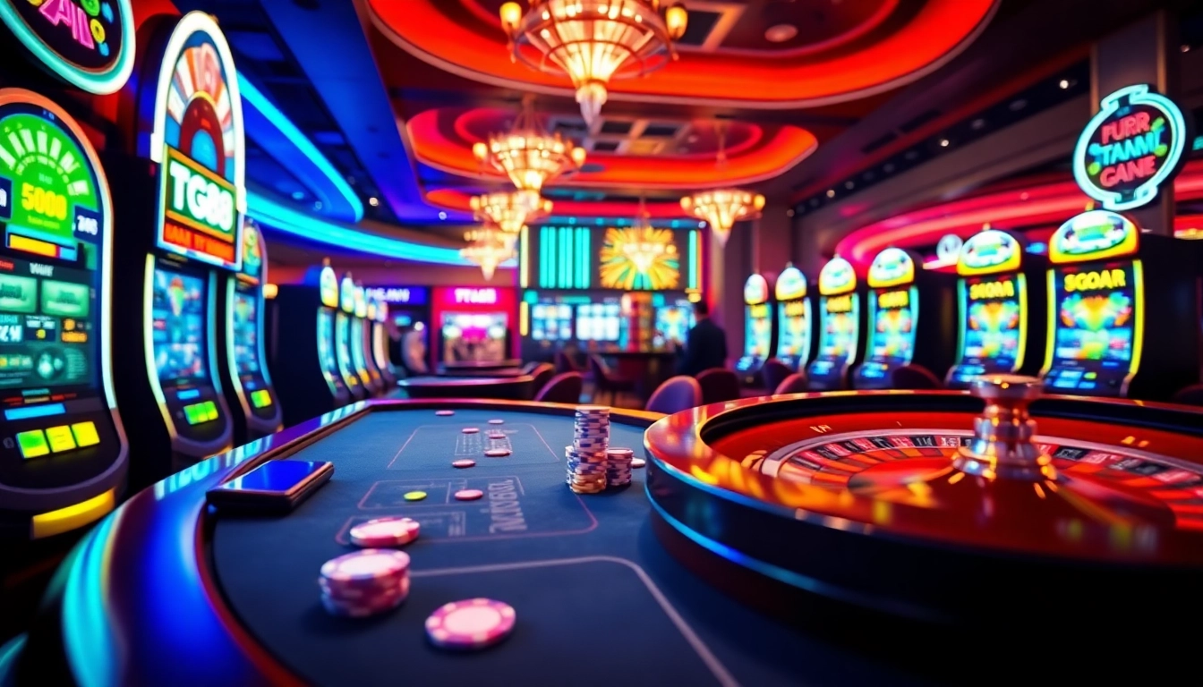 TG88 online casino features a vibrant gambling atmosphere with roulette and slot machines.