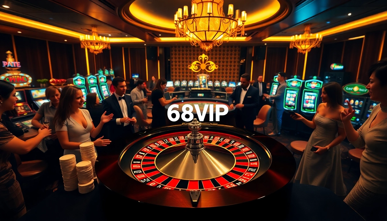 Experience the thrill of 68VIP casino with vibrant roulette tables and excited players.