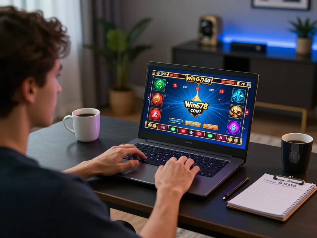 Person gaming on win678 com with laptop, showcasing online casino excitement and strategy.