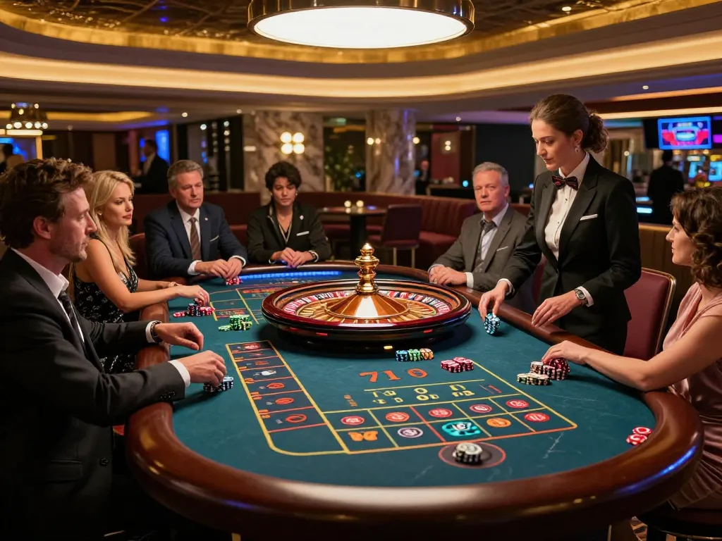 Players place bets at the roulette table in KJC's upscale casino, showcasing excitement and strategy