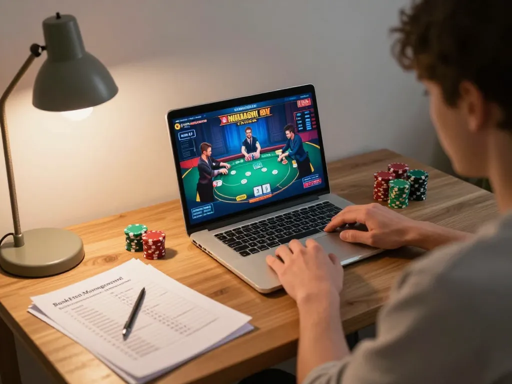 Engaging poker session on the laptop showcasing go8 strategies in a cozy home setting.