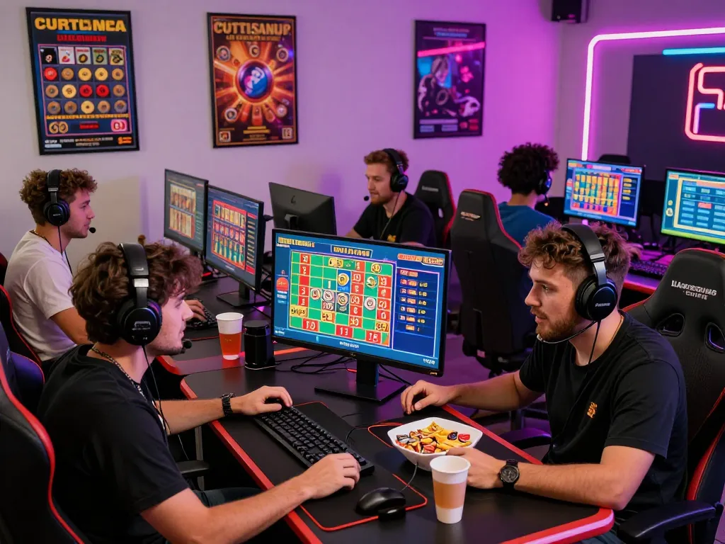 Engaged users playing lottery games online with tot88 in a vibrant gaming setup.