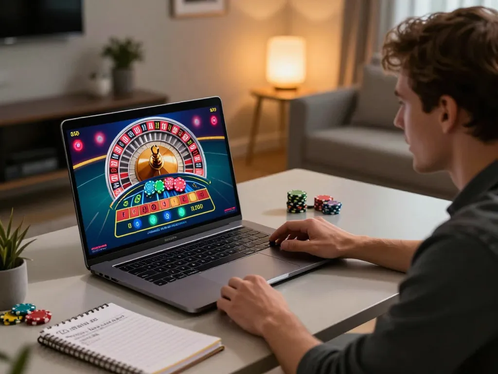 FB88 player placing bets in an online casino game with a vibrant roulette wheel on screen, cozy gaming environment.