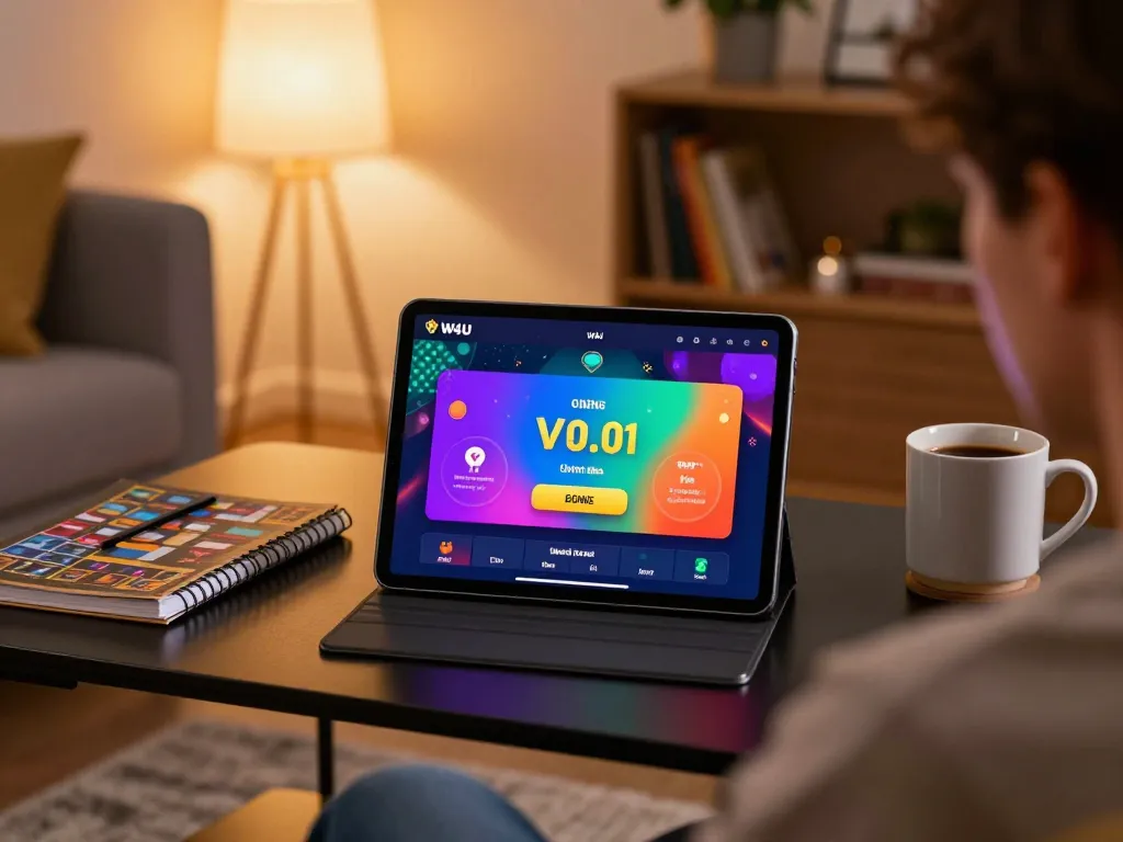 Engaging online casino gaming session using the W4U app on a tablet, cozy home setting.