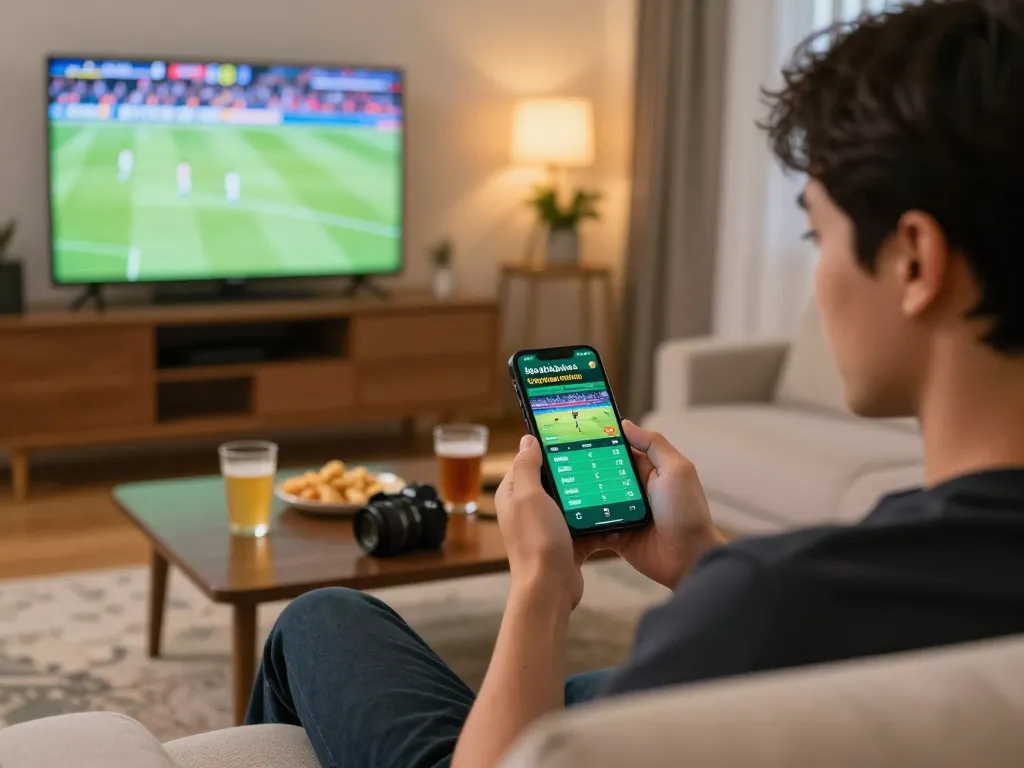 Engaging in kèo bóng đá trực tuyến with smartphone while analyzing live sportsbook odds in a cozy home setting