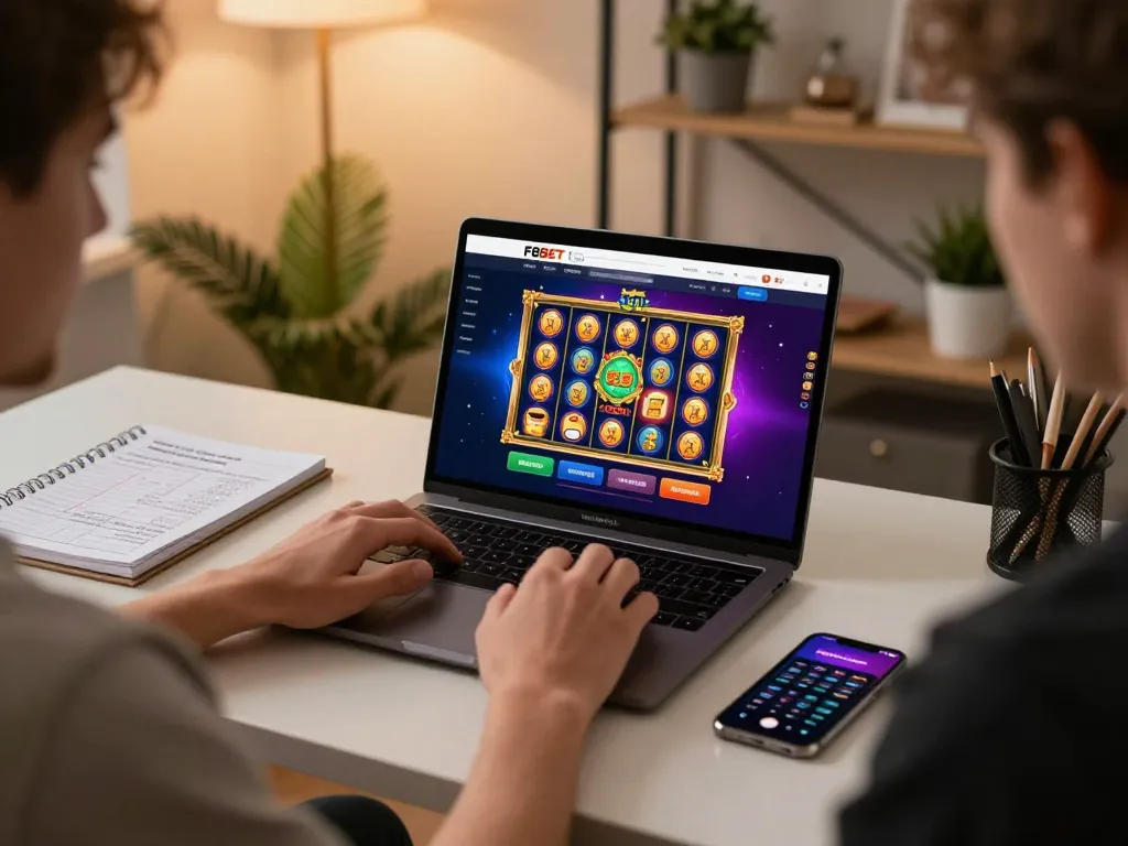 Player engaging with F8BET online casino platform on a laptop, highlighting a vibrant gaming experience