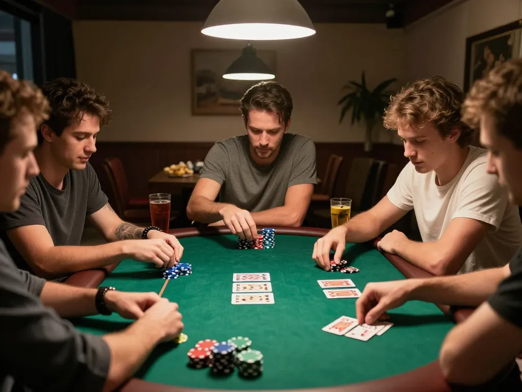 Players enjoying a poker game at home in iwin club, engaging with cards and chips in a social setting.
