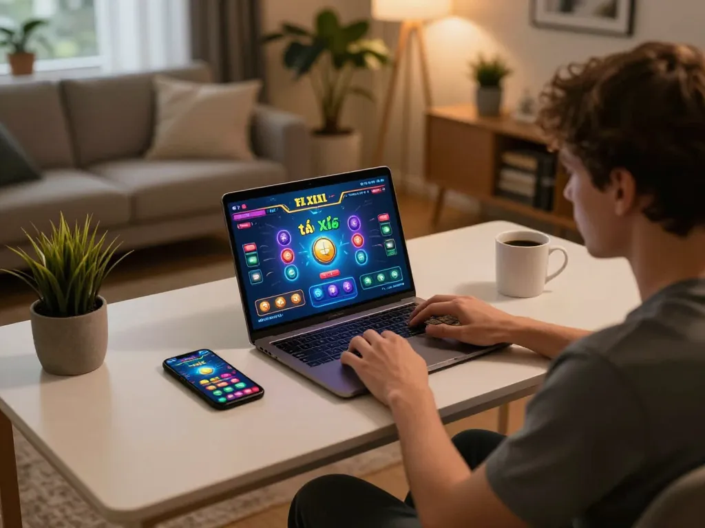 A dynamic scene of online tài xỉu gameplay featuring a player engaged with vibrant graphics