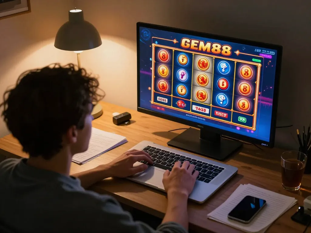Player experiencing thrilling gem88 slot games in a cozy home office environment.