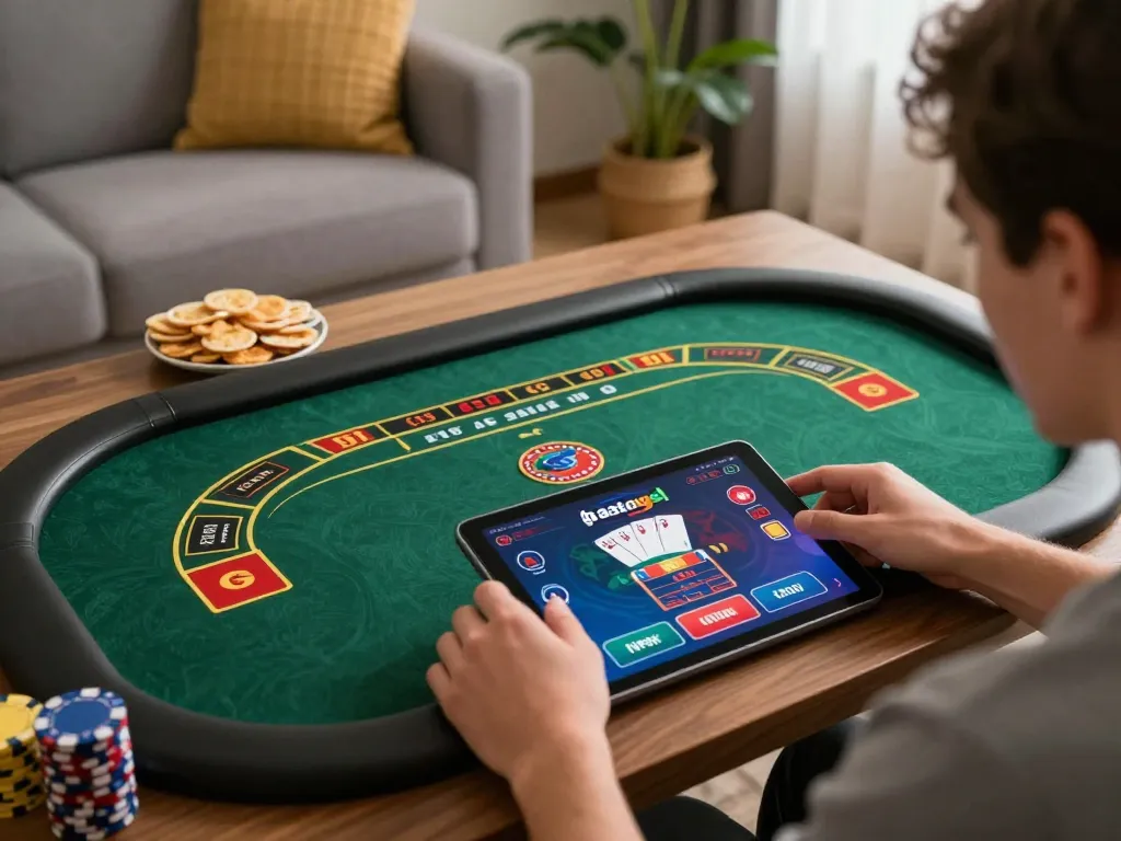 Player engaging in gtatogel online gambling session on tablet at home while managing bets and strategies.