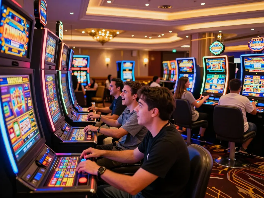 Max88 players enjoying vibrant slot machines in a modern casino atmosphere