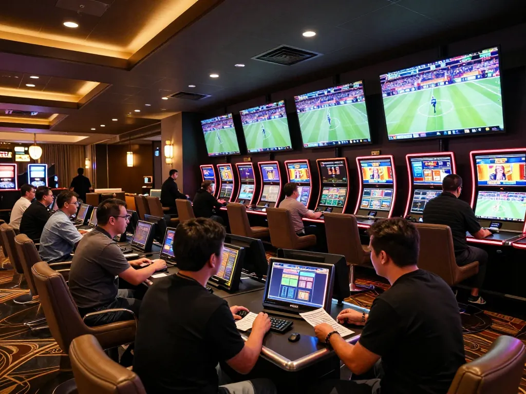 Kuwin sports betting lounge featuring patrons engaging with sports events on large screens