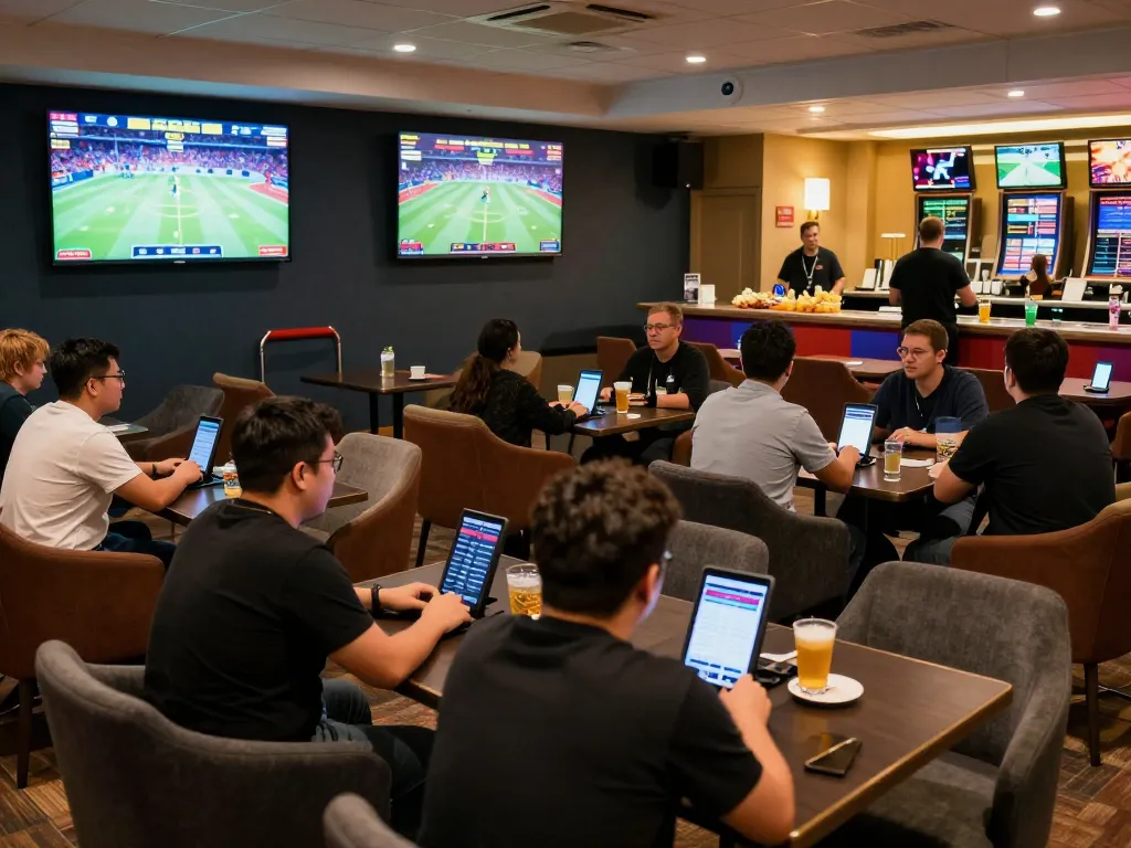 Players engaging in sports betting at Sky88 with mobile apps and live screens enhancing the experience