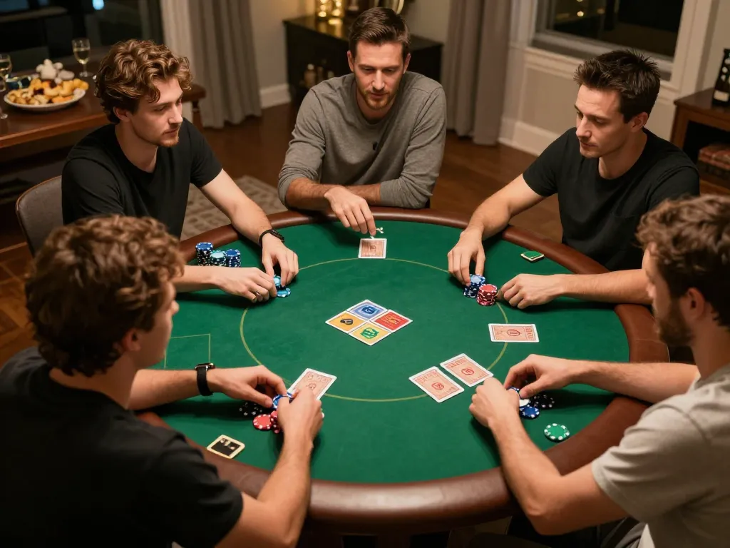 Players strategizing during a lively poker night at home, highlighting dash88 as a top gambling choice