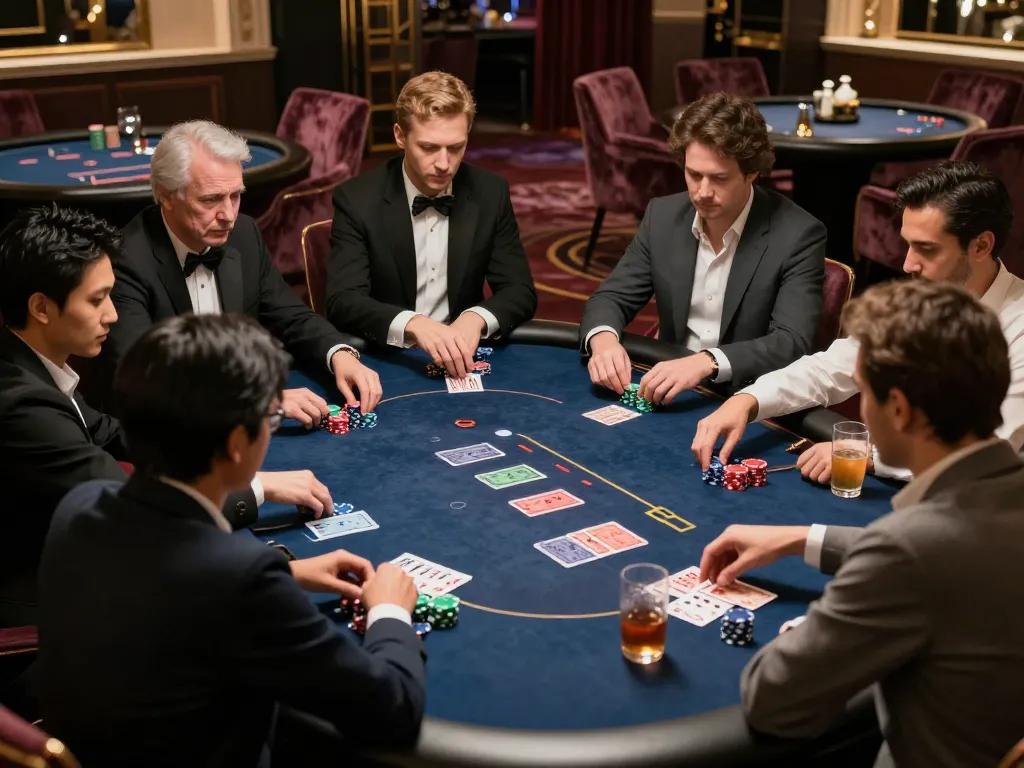 Players strategizing and betting big in an upscale poker room at 56win casino.