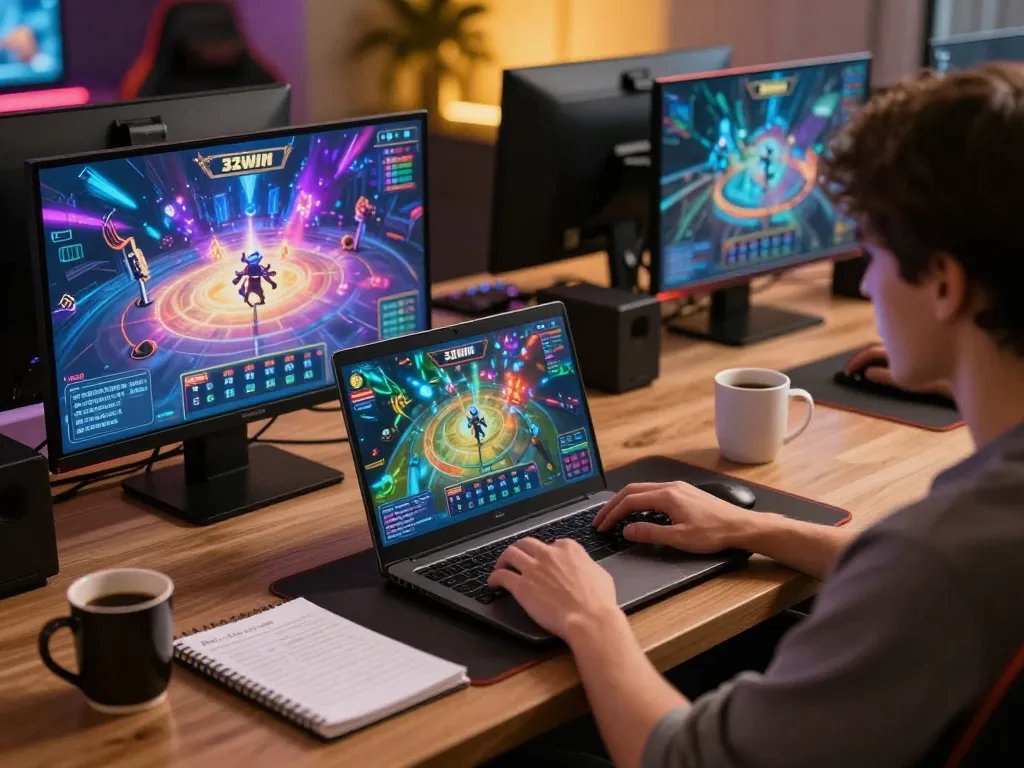 Engaged player analyzing gameplay strategies on 32win online casino platform