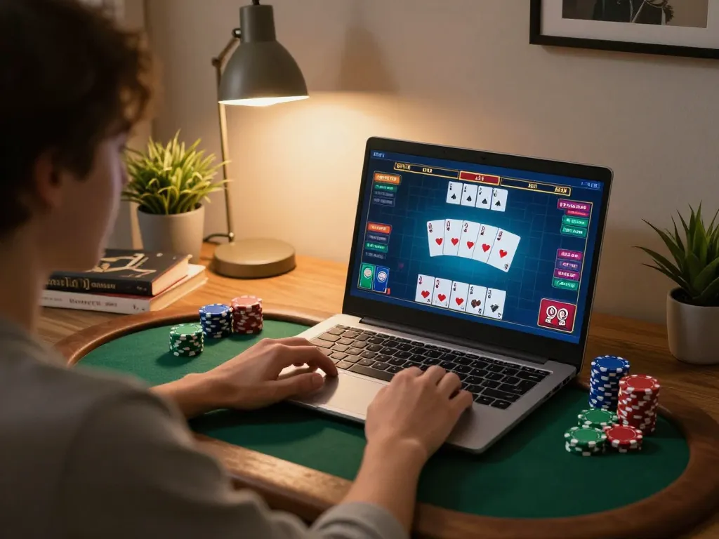 sunwin player enjoying online poker on a laptop in a cozy home office setting