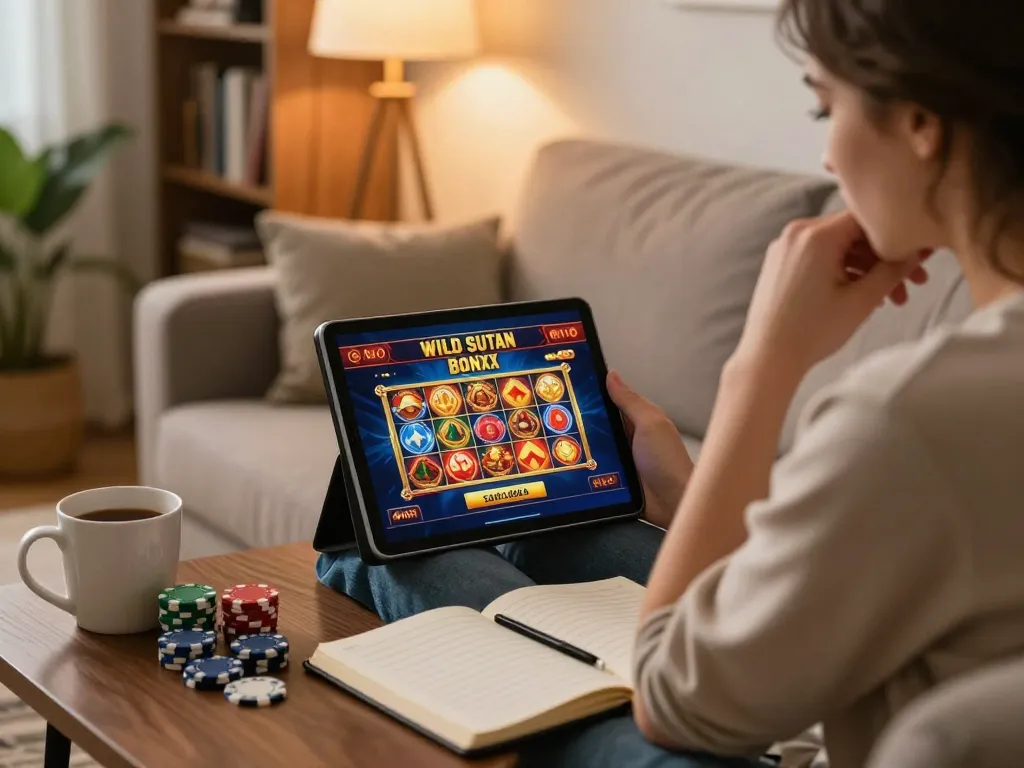 Engaging in online gaming with Wild Sultan bonus sans dépôt promotion on a tablet at home, showcasing responsible gambling.