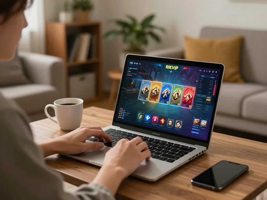 Playing RIKVIP on a laptop in a cozy living room, showcasing vibrant card graphics.