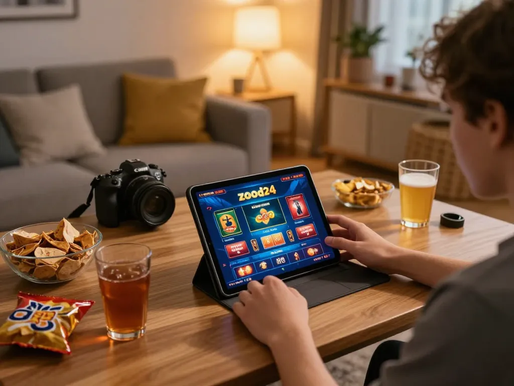 Engaging in online gaming on zood24 from a cozy home setup with snacks and tablet interface.