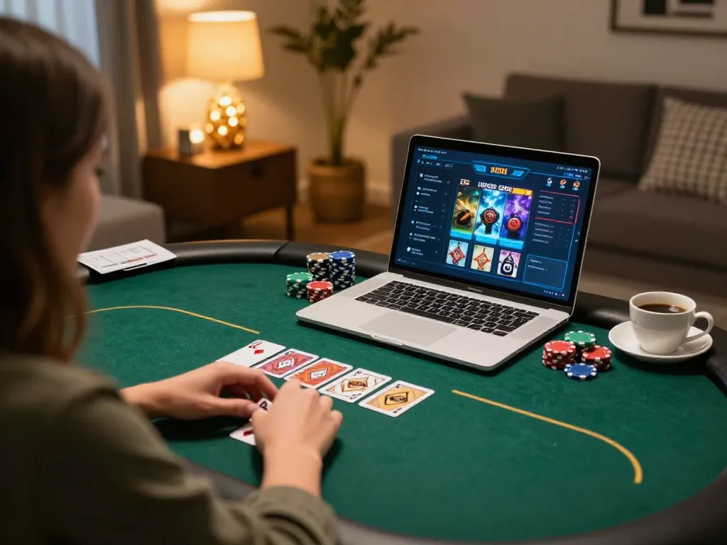 Engaging in online poker on Betwin4d in a cozy home environment with strategic notes