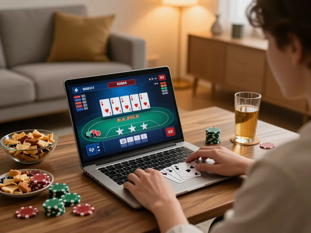 Person engaging with a No Deposit Bonus playing online poker at home, highlighting relaxed gameplay.