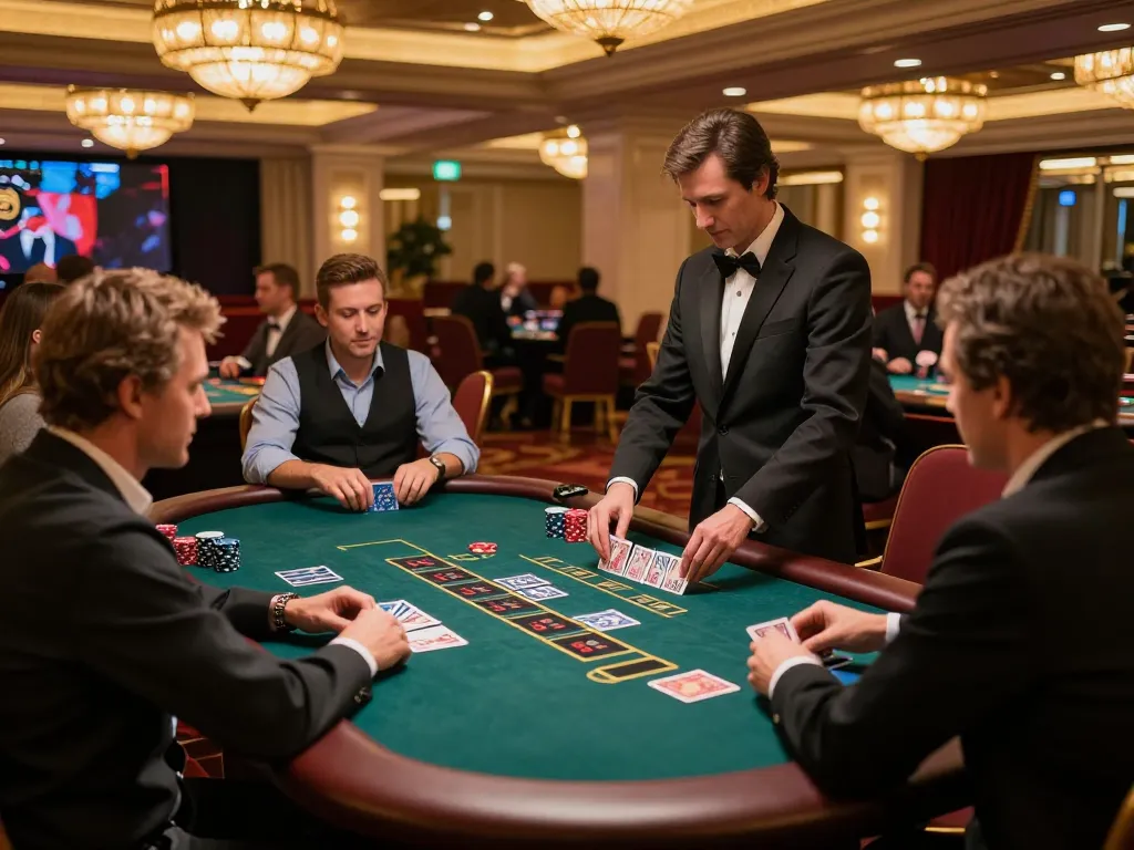 Players at LV88 strategizing bets at a blackjack table in a luxurious casino.