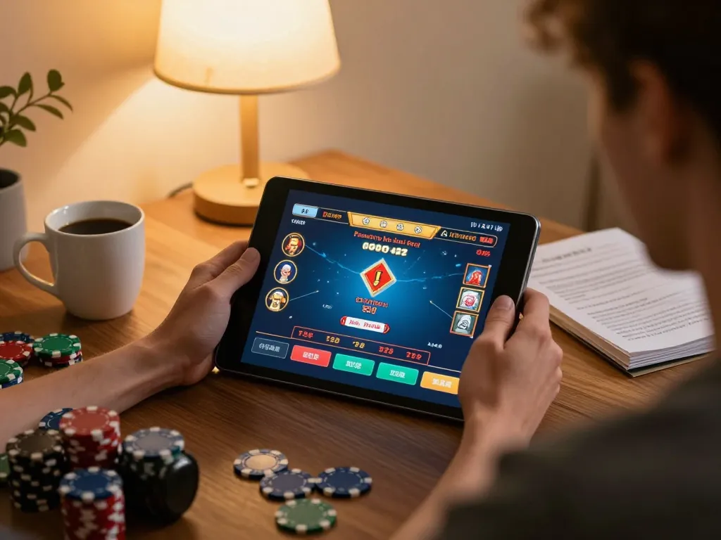 Play poker online at UU88 with a cozy home gaming setup including a tablet and strategy notes.
